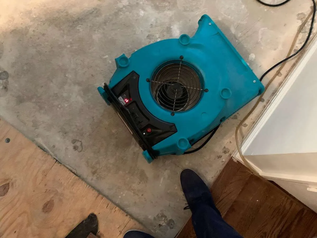 Air mover drying subfloor during Leak Detection & Repair in Royal Oak